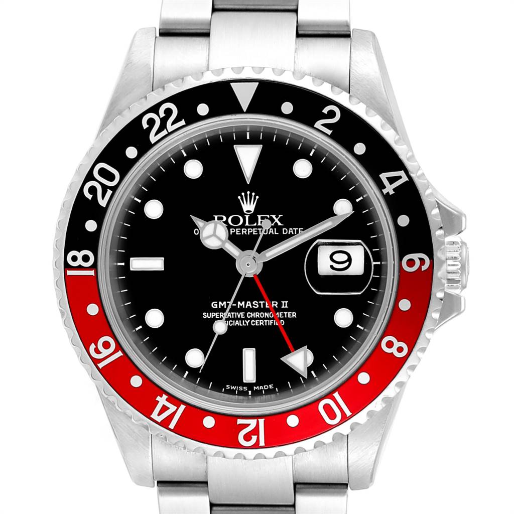 The image shows a front view of a Rolex GMT-Master 16710 Men's Stainless Steel Black Dial 16710 Men's Stainless Steel Black Dial II watch, highlighting the bezel, dial, and date window.