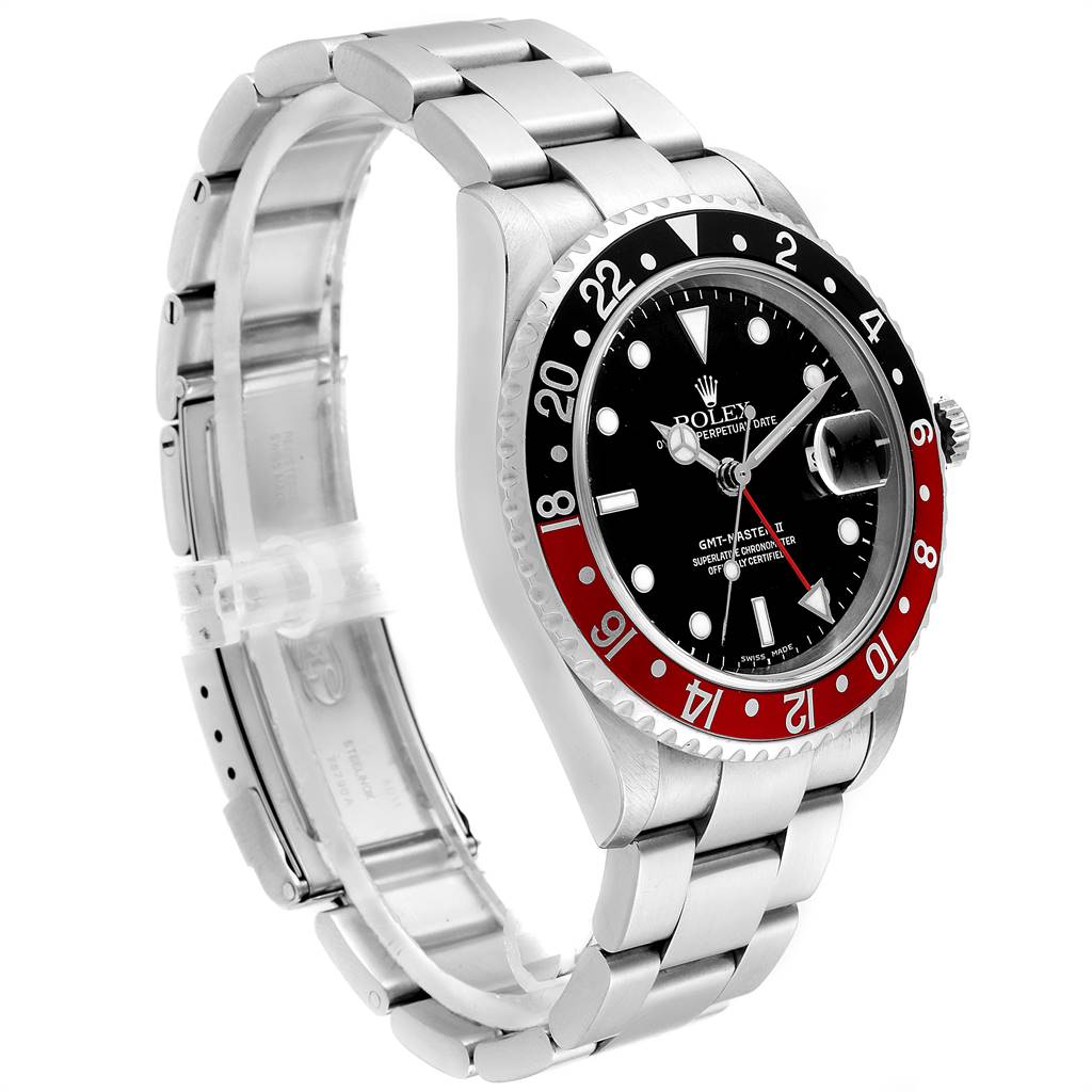 The image shows a side view of a Rolex GMT-Master 16710 Men's Stainless Steel Black Dial 16710 Men's Stainless Steel Black Dial watch, featuring its bracelet, bezel, and dial.