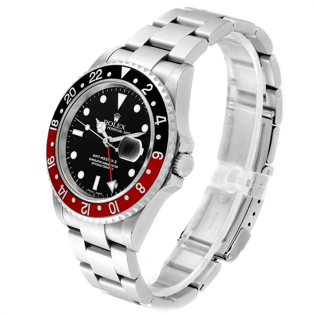 This Rolex GMT-Master 16710 Men's Stainless Steel Black Dial 16710 Men's Stainless Steel Black Dial watch is shown at a three-quarter angle, highlighting its bezel, dial, bracelet, and crown.