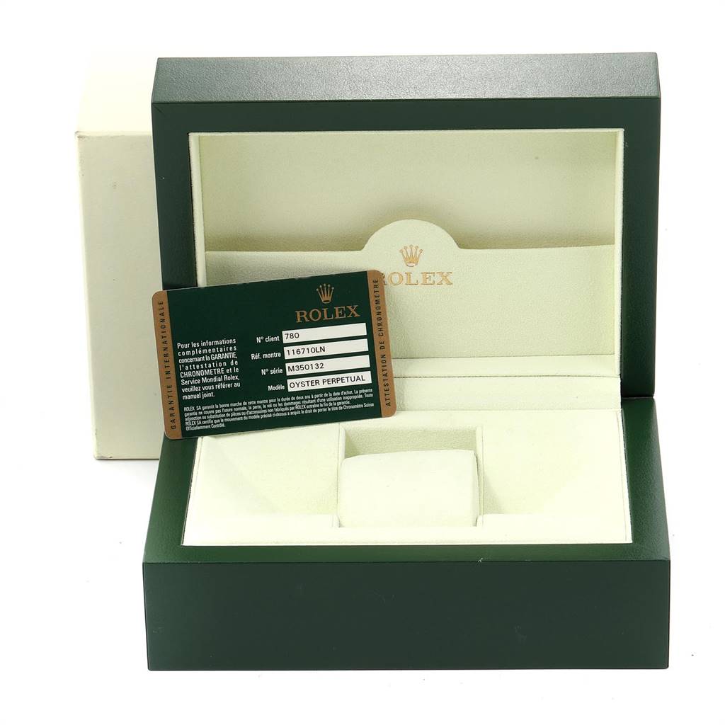 The image shows an open Rolex GMT-Master 116710 Men's Stainless Steel Black Dial 116710 Men's Stainless Steel Black Dial watch box with a warranty card inside.