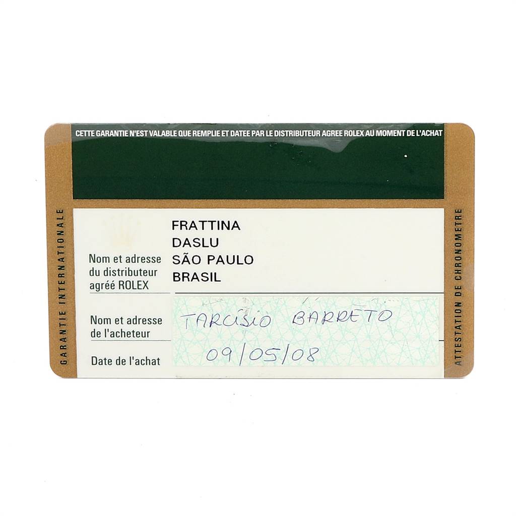 The image shows a warranty card for a Rolex GMT-Master 116710 Men's Stainless Steel Black Dial 116710 Men's Stainless Steel Black Dial watch from an authorized dealer in São Paulo, Brasil.