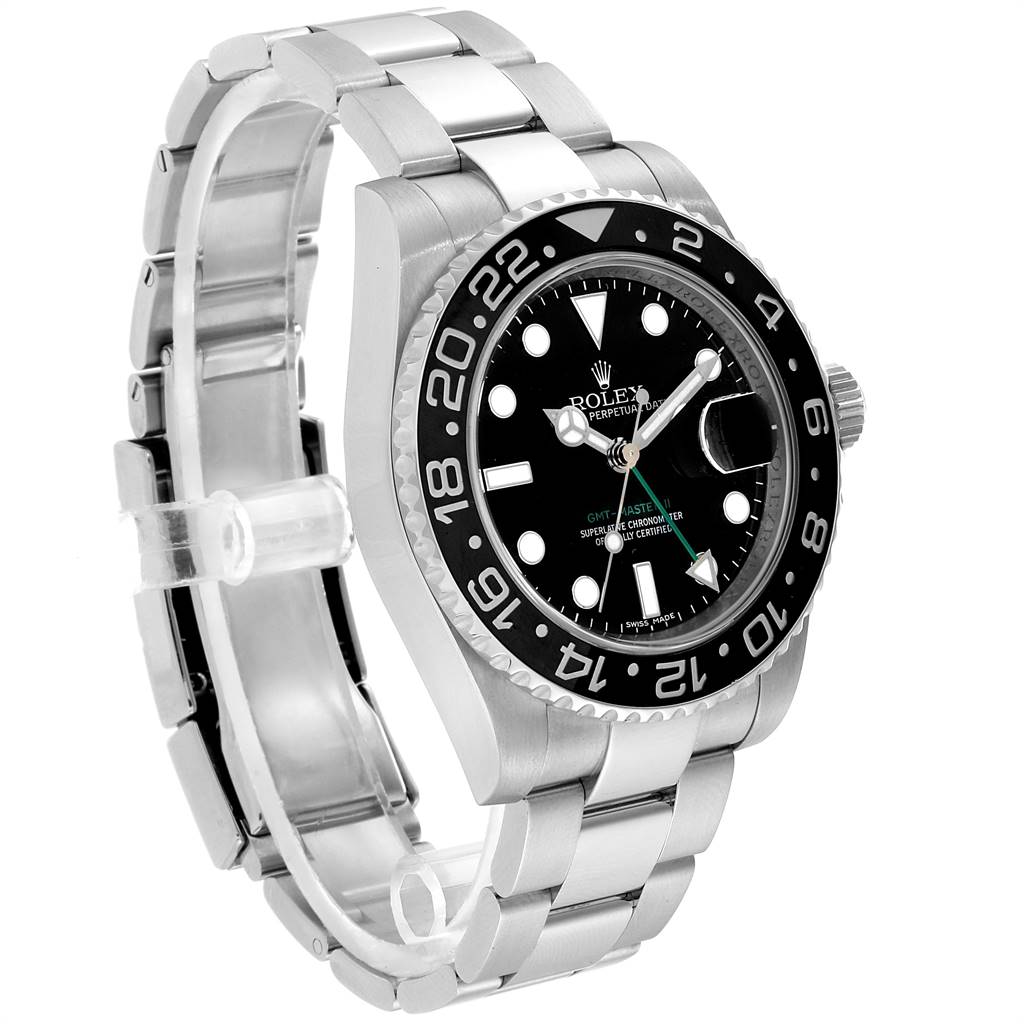 This image shows a Rolex GMT-Master 116710 Men's Stainless Steel Black Dial 116710 Men's Stainless Steel Black Dial watch at a slight angle, displaying the bezel, dial, and bracelet.