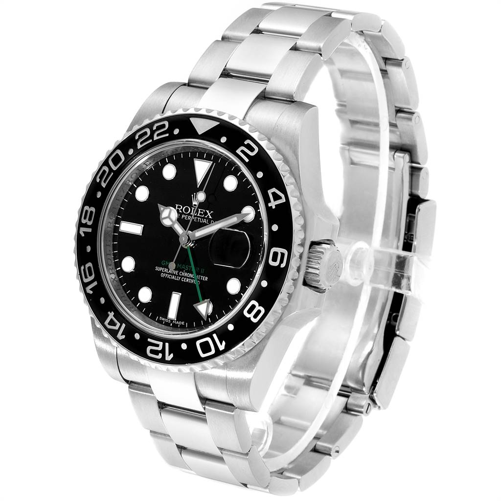 The image shows a side view of the Rolex GMT-Master 116710 Men's Stainless Steel Black Dial 116710 Men's Stainless Steel Black Dial watch, highlighting the bezel, dial, crown, and stainless steel bracelet.