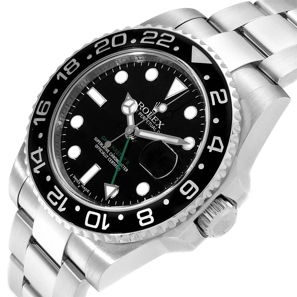 The image shows a top-front angled view of a Rolex GMT-Master 116710 Men's Stainless Steel Black Dial 116710 Men's Stainless Steel Black Dial watch, showcasing its dial, bezel, and bracelet.