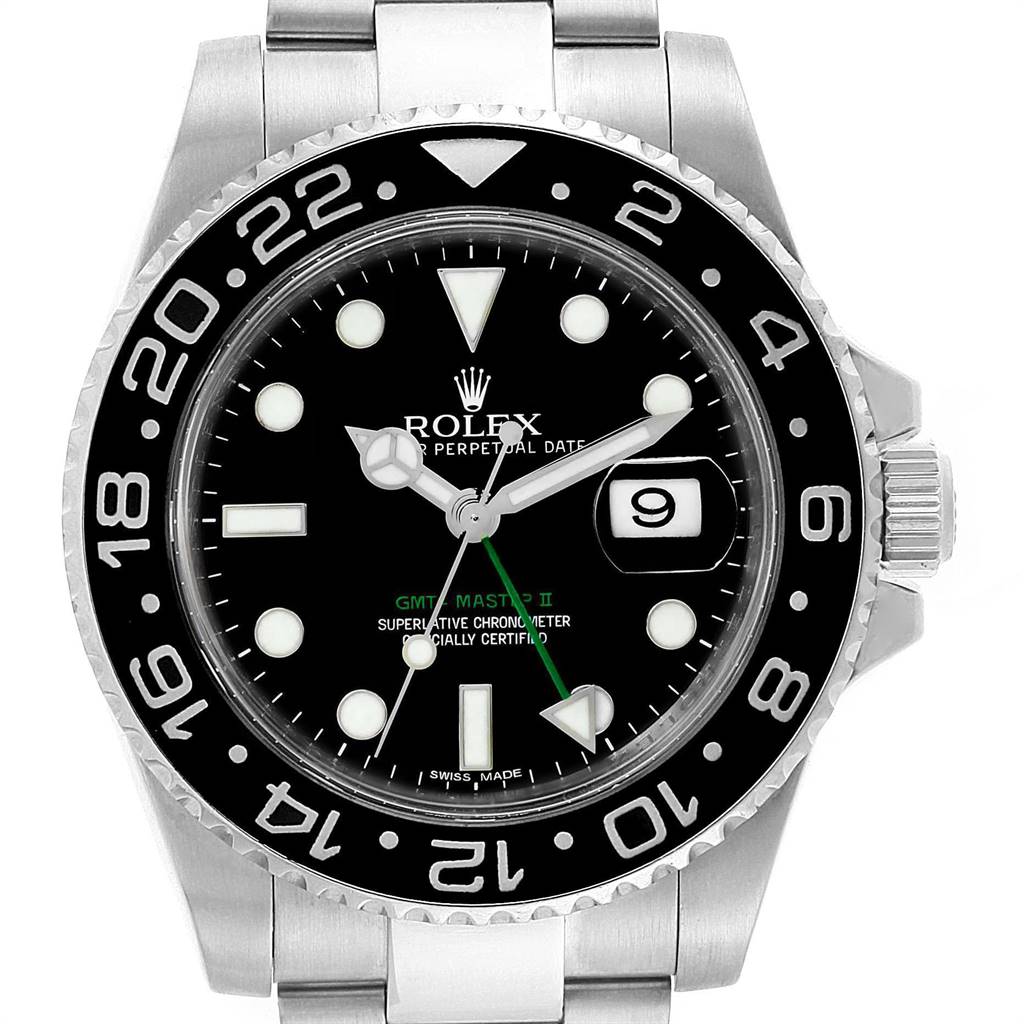The image shows a front view of a Rolex GMT-Master 116710 Men's Stainless Steel Black Dial 116710 Men's Stainless Steel Black Dial II watch, highlighting the dial, bezel, and part of the bracelet.