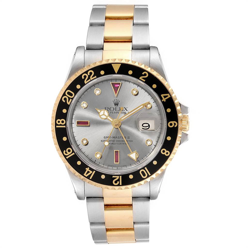 The image shows a front view of a Rolex GMT-Master 16713 Men's Stainless Steel Grey Dial 16713 Men's Stainless Steel Grey Dial watch, highlighting the bezel, dial, and two-tone bracelet.