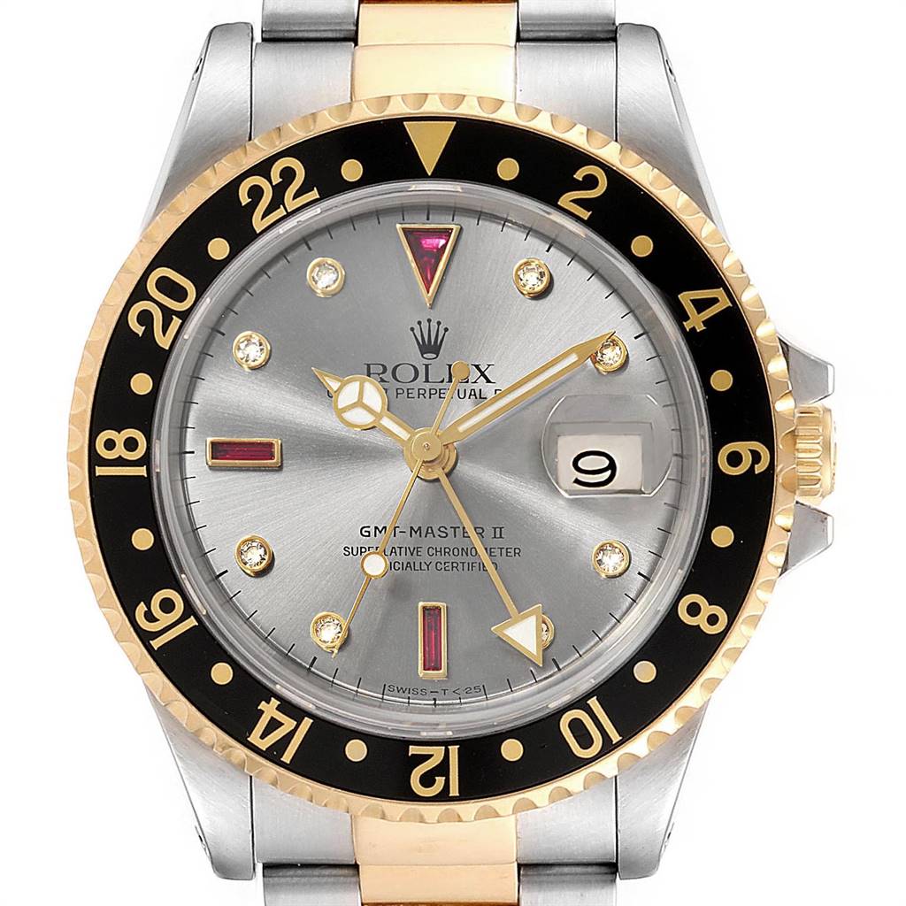 The image shows a front view of the Rolex GMT-Master 16713 Men's Stainless Steel Grey Dial 16713 Men's Stainless Steel Grey Dial II watch, displaying the bezel, dial, hands, and part of the bracelet.