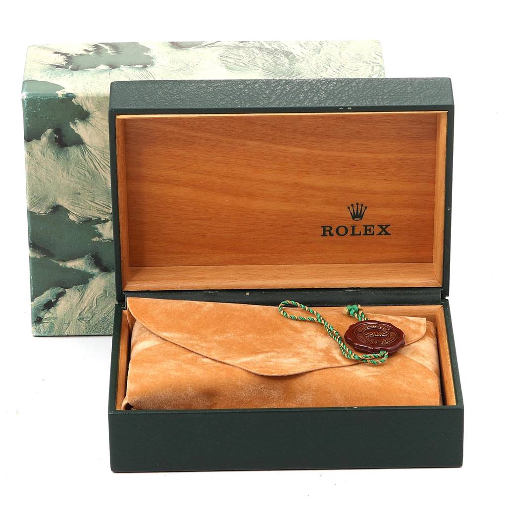 The image shows a Rolex GMT-Master 16713 Men's Stainless Steel Grey Dial 16713 Men's Stainless Steel Grey Dial watch box, with an interior view revealing a brown suede pouch and a wax seal.