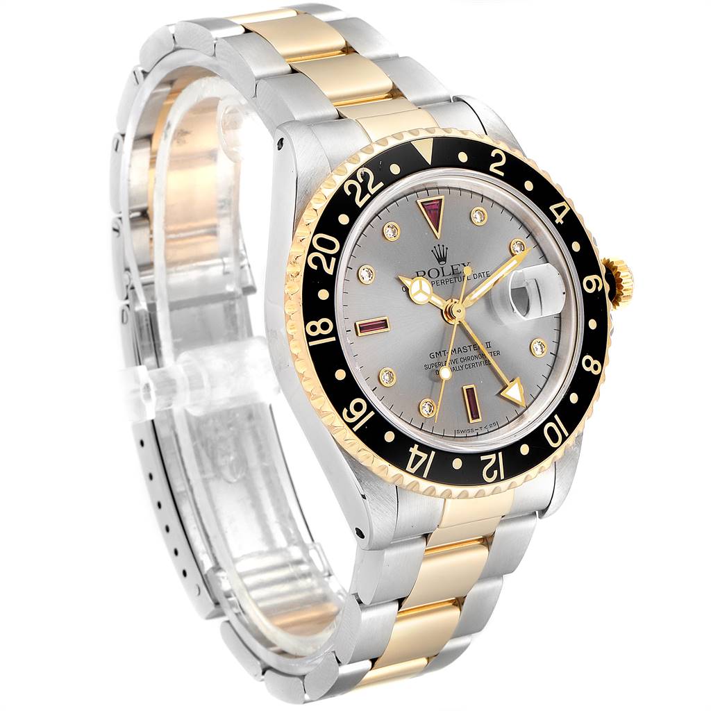 This image shows a Rolex GMT-Master 16713 Men's Stainless Steel Grey Dial 16713 Men's Stainless Steel Grey Dial watch viewed from a front-right angle, highlighting the bezel, dial, and bracelet.