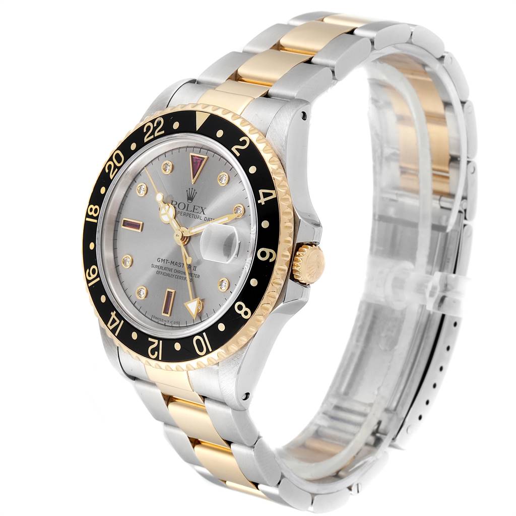 This image shows a side angle of a Rolex GMT-Master 16713 Men's Stainless Steel Grey Dial 16713 Men's Stainless Steel Grey Dial watch, highlighting the bezel, crown, dial, and two-tone bracelet.