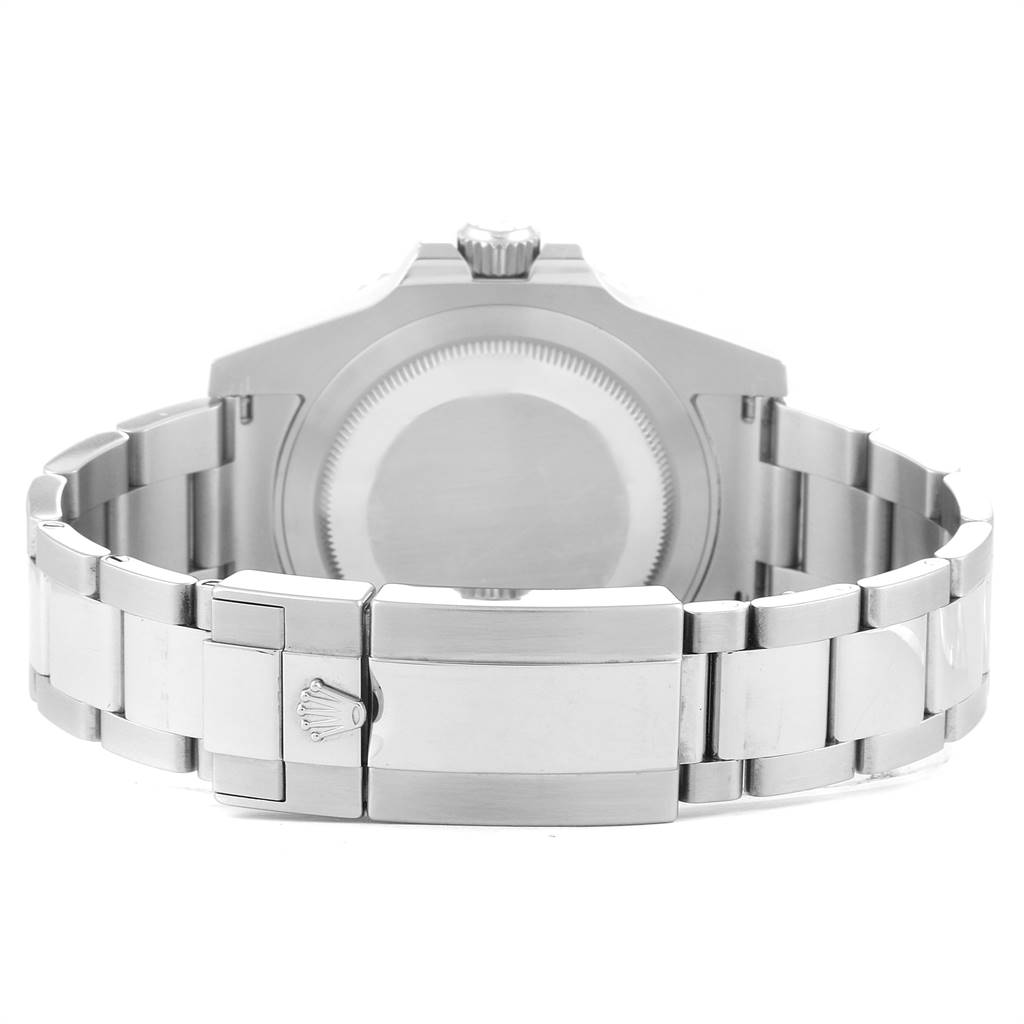 This is a rear angle view of a Rolex GMT-Master 116710 Men's Stainless Steel Black Dial 116710 Men's Stainless Steel Black Dial watch, showing the case back and part of the bracelet.