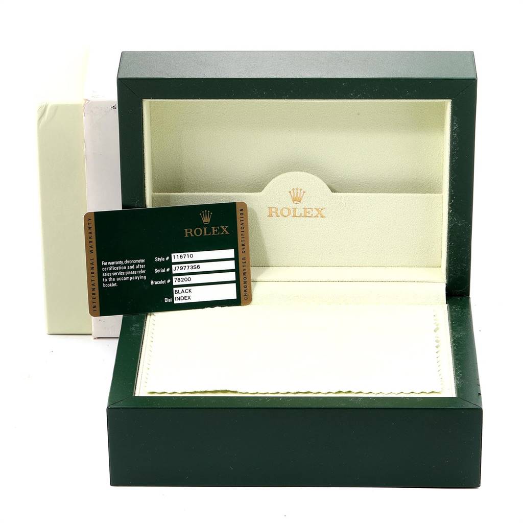 The image shows an open Rolex GMT-Master 116710 Men's Stainless Steel Black Dial 116710 Men's Stainless Steel Black Dial watch box and a certification card, viewed from the front.