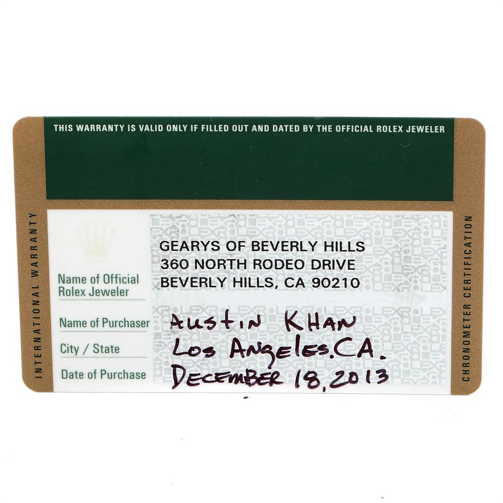 The image shows an International Warranty card for a Rolex GMT-Master 116710 Men's Stainless Steel Black Dial 116710 Men's Stainless Steel Black Dial watch, listing official dealer and purchaser information.