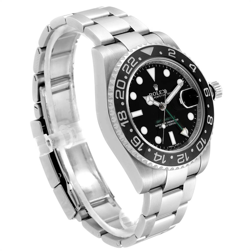 This image shows a GMT-Master model by Rolex from a three-quarter angle, highlighting the dial, bezel, and bracelet.