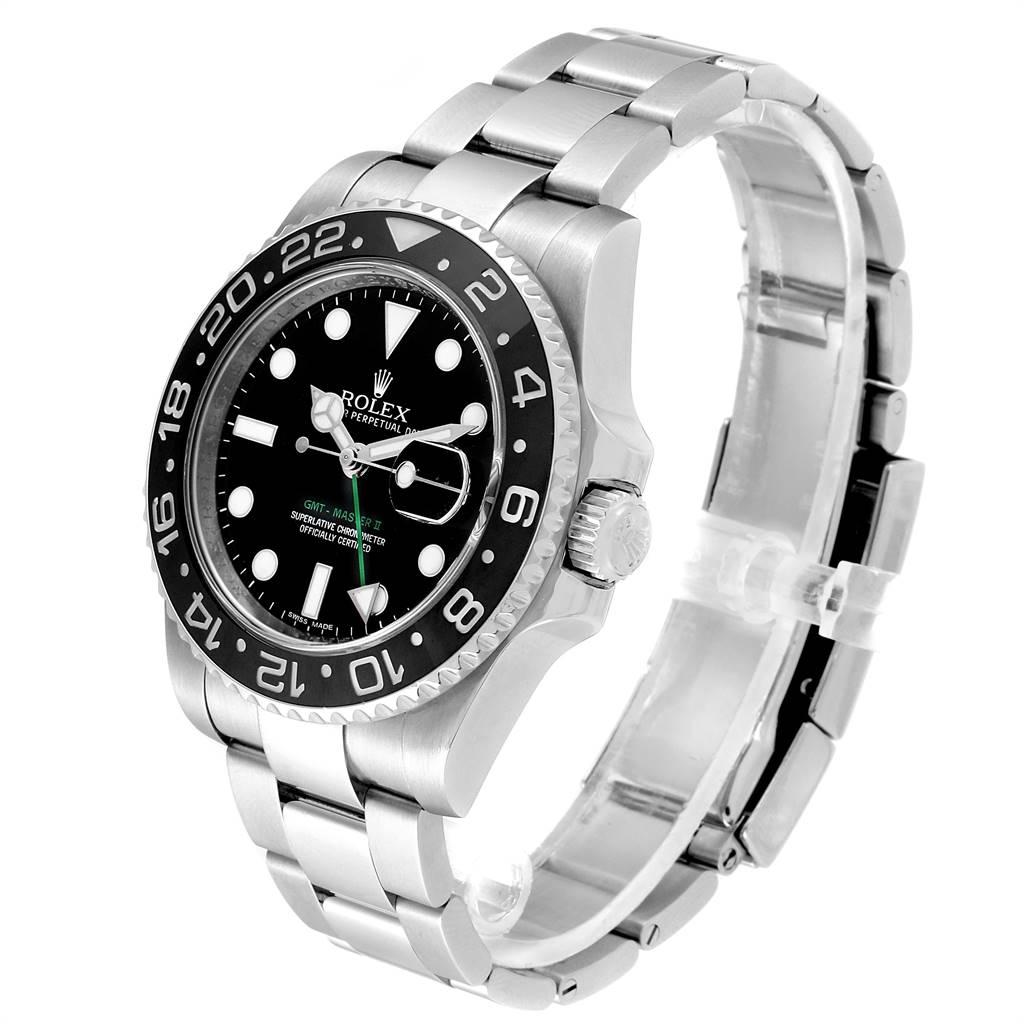 This image shows a Rolex GMT-Master 116710 Men's Stainless Steel Black Dial 116710 Men's Stainless Steel Black Dial watch angled to display the face, bezel, crown, and part of the bracelet.