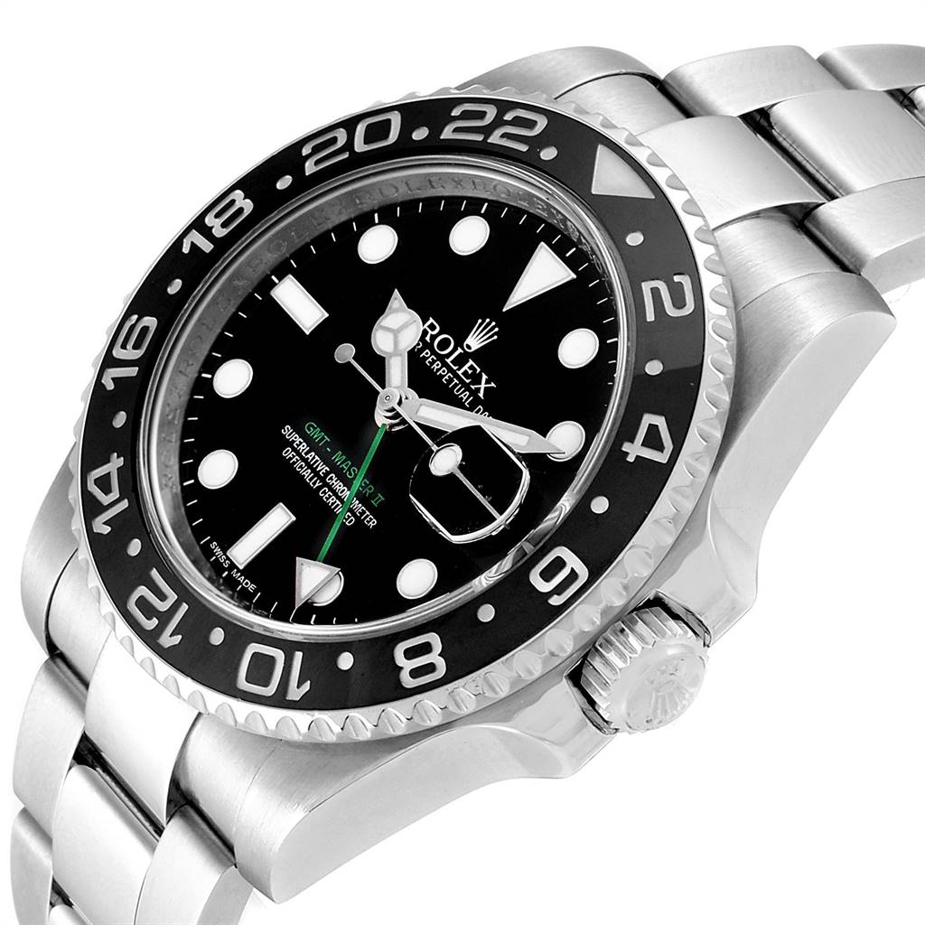 The image shows the Rolex GMT-Master 116710 Men's Stainless Steel Black Dial 116710 Men's Stainless Steel Black Dial watch at an angled close-up, highlighting its bezel, crown, and black dial with green text.