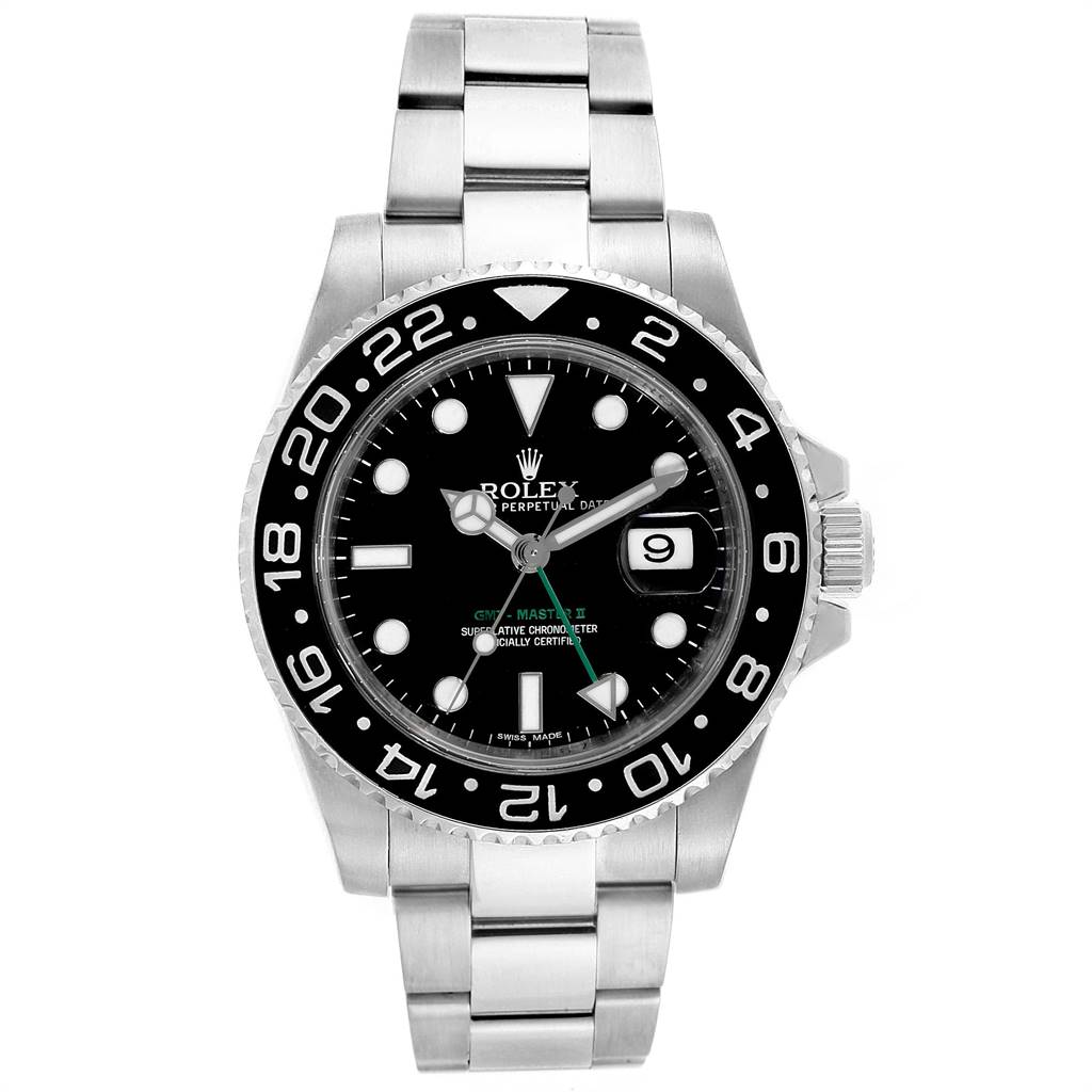 This image shows a front view of a Rolex GMT-Master 116710 Men's Stainless Steel Black Dial 116710 Men's Stainless Steel Black Dial II watch, featuring its dial, bezel, and bracelet.