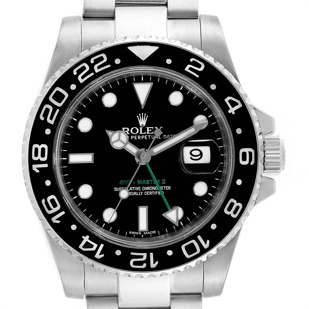 The image shows a frontal view of a Rolex GMT-Master 116710 Men's Stainless Steel Black Dial 116710 Men's Stainless Steel Black Dial II watch, displaying the bezel, dial, date window, and part of the bracelet.