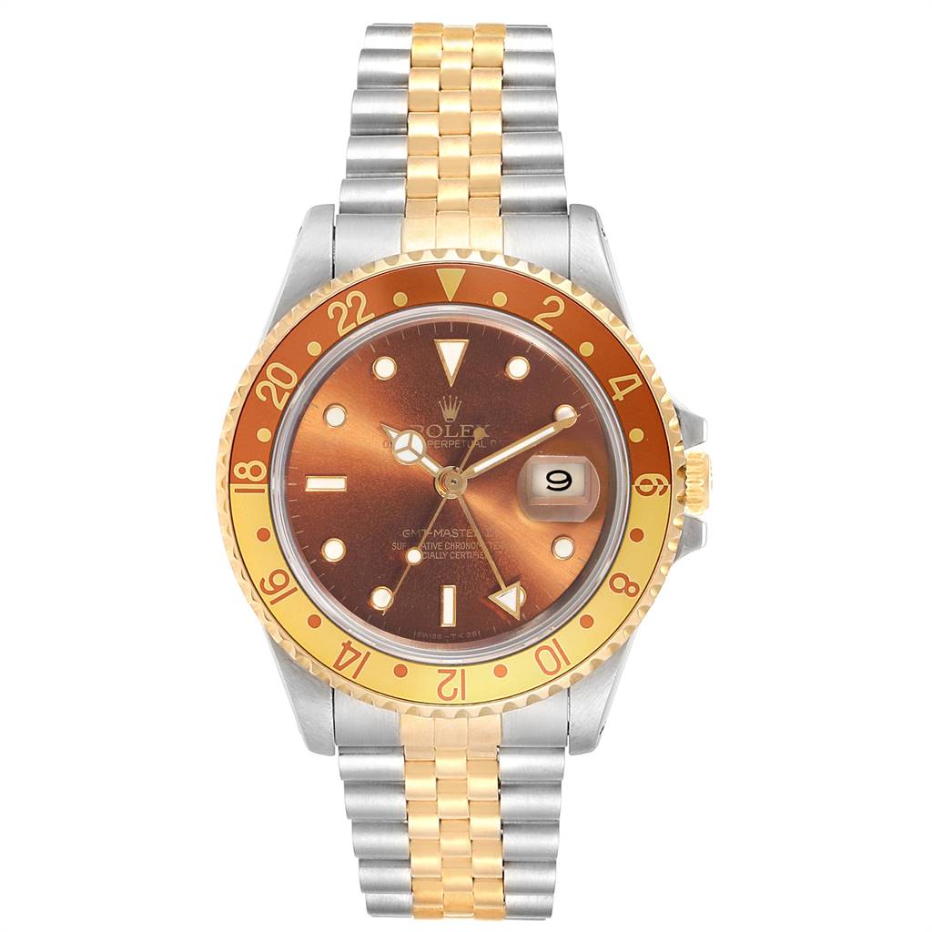 This image shows a front view of a Rolex GMT-Master 16713 Men's Stainless Steel Brown Dial 16713 Men's Stainless Steel Brown Dial watch, featuring its dial, bezel, and two-tone bracelet.