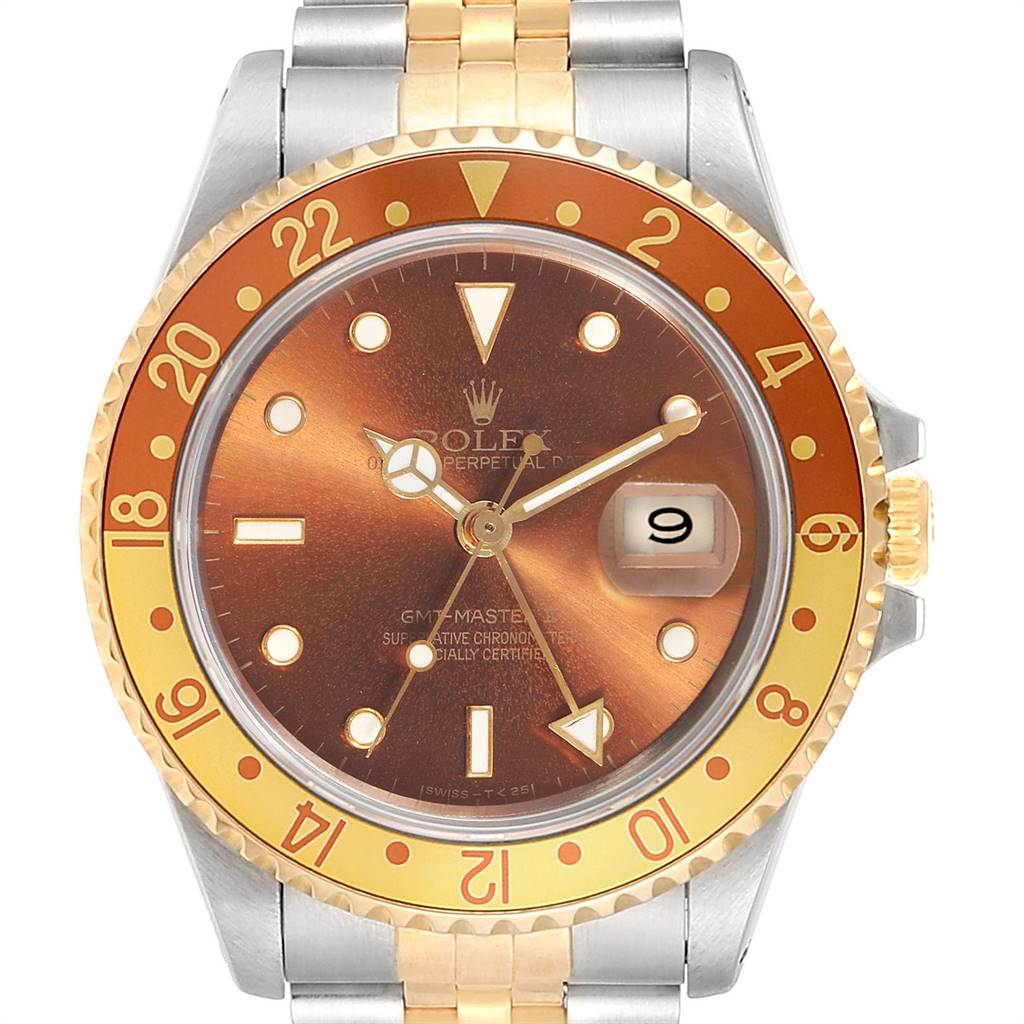 This is a front view of a Rolex GMT-Master 16713 Men's Stainless Steel Brown Dial 16713 Men's Stainless Steel Brown Dial watch, showing the bezel, dial, hands, crown, and bracelet.