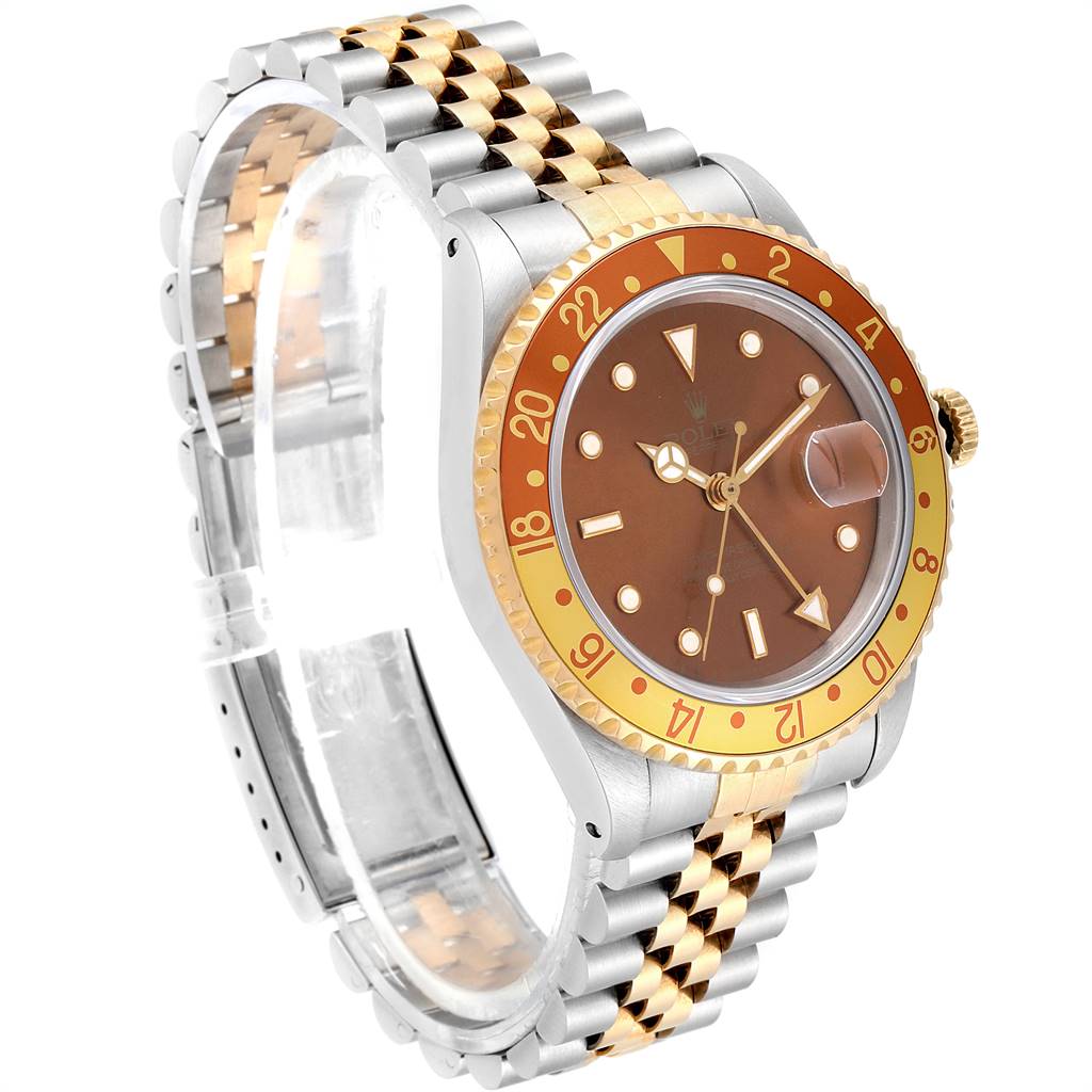 The image shows a Rolex GMT-Master 16713 Men's Stainless Steel Brown Dial 16713 Men's Stainless Steel Brown Dial watch angled to display its bezel, dial, and two-tone bracelet.