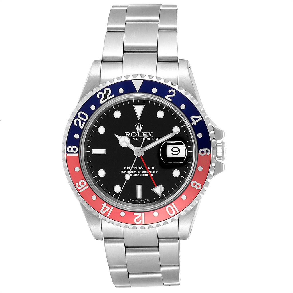 The Rolex GMT-Master 16710 Men's Stainless Steel Black Dial 16710 Men's Stainless Steel Black Dial watch is shown in a front-facing angle, highlighting its dial, bezel, date window, and stainless steel bracelet.