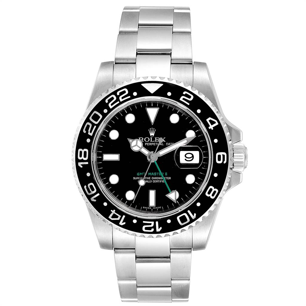The image shows a Rolex GMT-Master 116710 Men's Stainless Steel Black Dial 116710 Men's Stainless Steel Black Dial watch from a front angle, highlighting its dial, bezel, and bracelet.