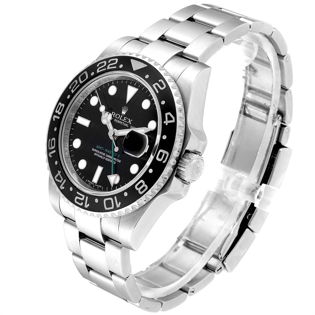 The image shows a Rolex GMT-Master 116710 Men's Stainless Steel Black Dial 116710 Men's Stainless Steel Black Dial watch at a three-quarter angle, displaying the dial, bezel, crown, and bracelet.