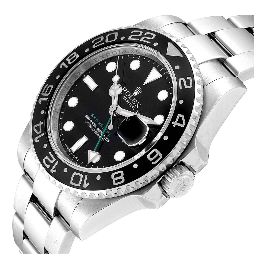 The image shows a close-up view of the Rolex GMT-Master 116710 Men's Stainless Steel Black Dial 116710 Men's Stainless Steel Black Dial model watch, highlighting the bezel, dial, crown, and part of the bracelet.