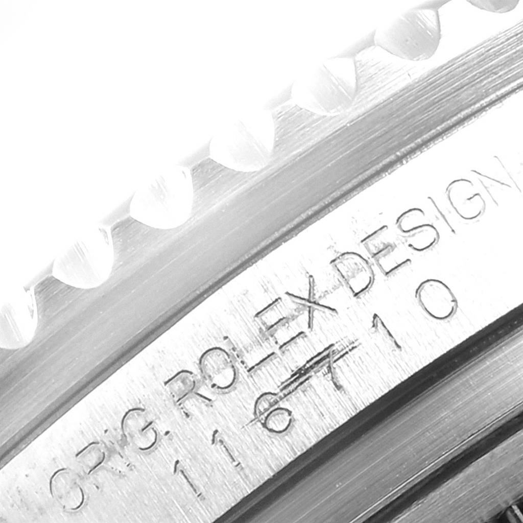 This close-up image shows the engraved case and bezel details of the Rolex GMT-Master 116710 Men's Stainless Steel Black Dial 116710 Men's Stainless Steel Black Dial watch, highlighting the model number 116710.