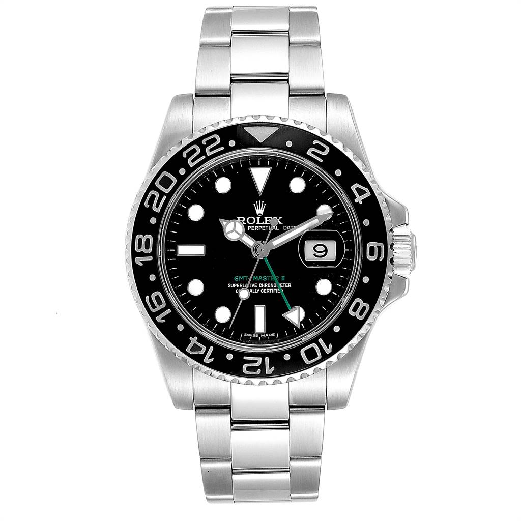 This image shows a Rolex GMT-Master 116710 Men's Stainless Steel Black Dial 116710 Men's Stainless Steel Black Dial II watch, featuring a front view of the case, bezel, dial, hands, and bracelet.