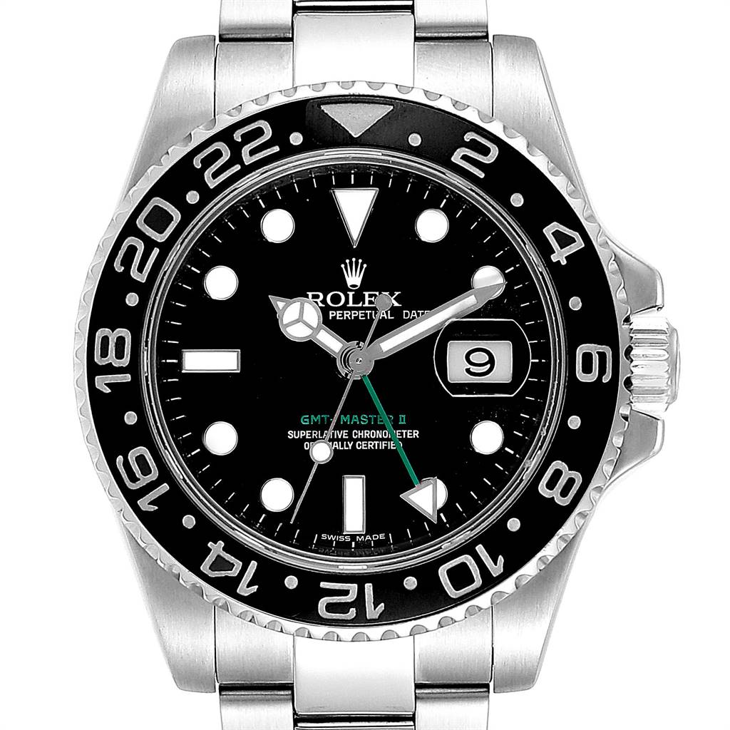 This image shows the front view of a Rolex GMT-Master 116710 Men's Stainless Steel Black Dial 116710 Men's Stainless Steel Black Dial II watch, displaying the dial, bezel, date window, and part of the stainless steel bracelet.