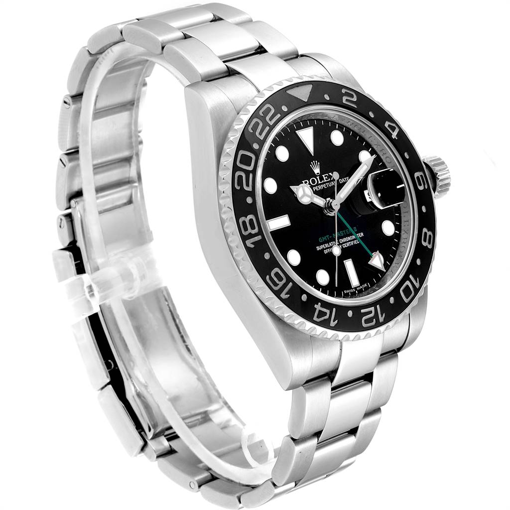 The image shows a side angle of the Rolex GMT-Master 116710 Men's Stainless Steel Black Dial 116710 Men's Stainless Steel Black Dial watch, highlighting its bezel, dial, and stainless steel bracelet.