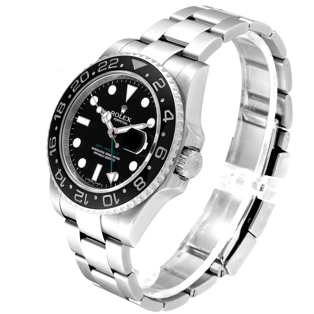 The Rolex GMT-Master 116710 Men's Stainless Steel Black Dial 116710 Men's Stainless Steel Black Dial watch is shown at an angle displaying the face, bezel, crown, and bracelet prominently.