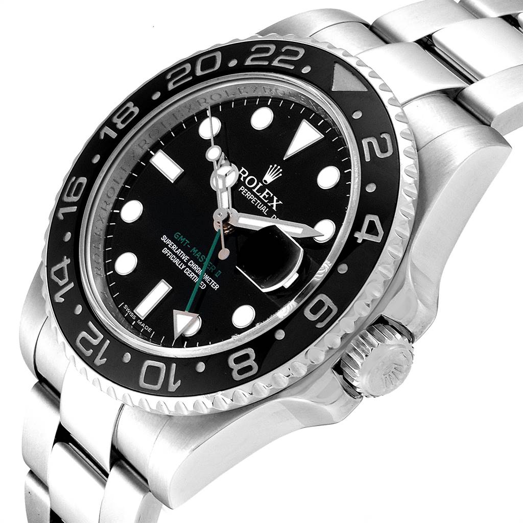 The Rolex GMT-Master 116710 Men's Stainless Steel Black Dial 116710 Men's Stainless Steel Black Dial watch is shown from a three-quarter angle, highlighting the watch face, bezel, crown, and part of the bracelet.