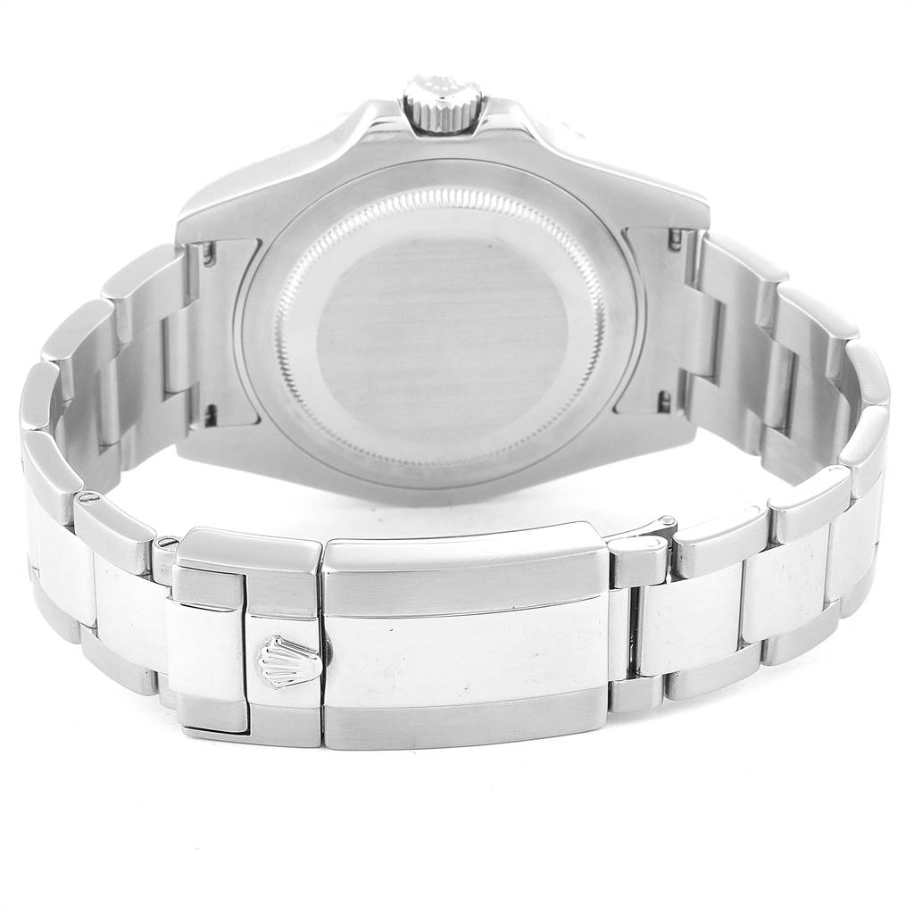 The image shows the back view of a Rolex GMT-Master 116710 Men's Stainless Steel Black Dial 116710 Men's Stainless Steel Black Dial watch, highlighting the case back and the clasp of the metal bracelet.