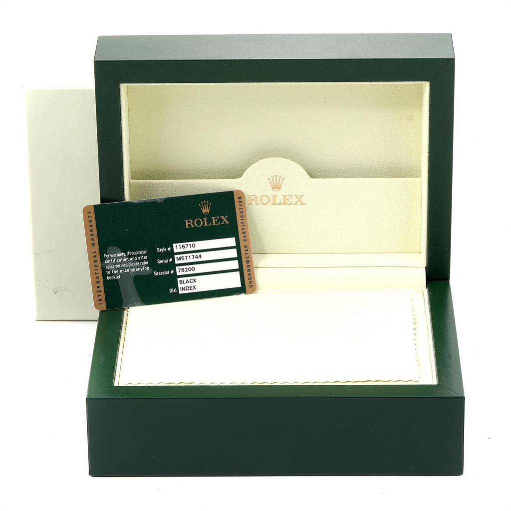 The image shows an open Rolex GMT-Master 116710 Men's Stainless Steel Black Dial 116710 Men's Stainless Steel Black Dial watch box with an international warranty card placed inside.