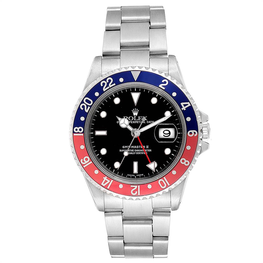 The image shows a front-facing view of a Rolex GMT-Master 16710 Men's Stainless Steel Black Dial 16710 Men's Stainless Steel Black Dial watch, highlighting its bezel, dial, and bracelet.
