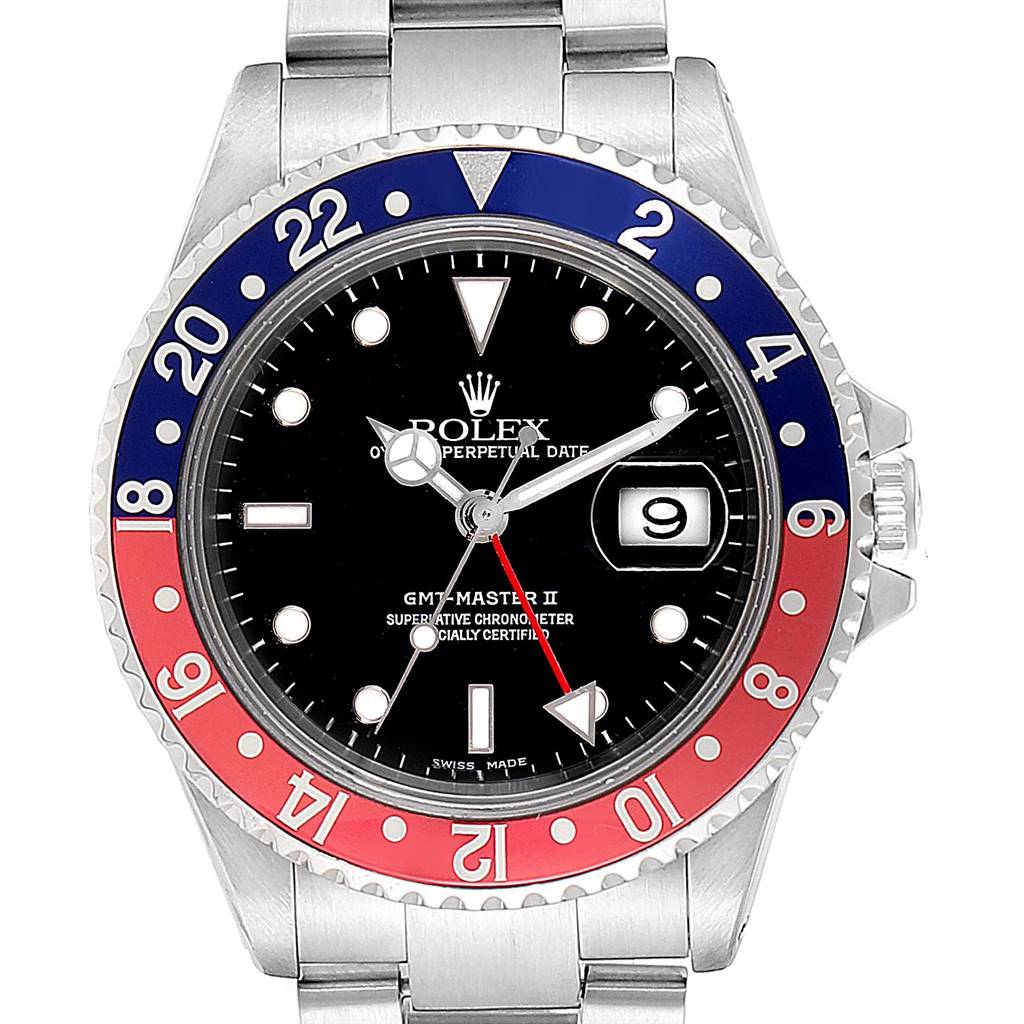 This image shows a front view of the Rolex GMT-Master 16710 Men's Stainless Steel Black Dial 16710 Men's Stainless Steel Black Dial II watch, highlighting its dial, bezel, and bracelet.