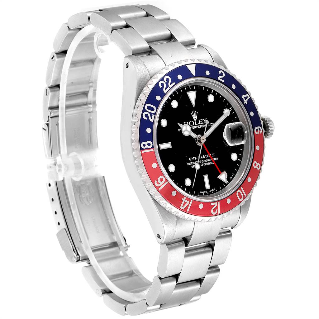 This image shows a side angle of the Rolex GMT-Master 16710 Men's Stainless Steel Black Dial 16710 Men's Stainless Steel Black Dial watch, highlighting its bezel, dial, and bracelet.