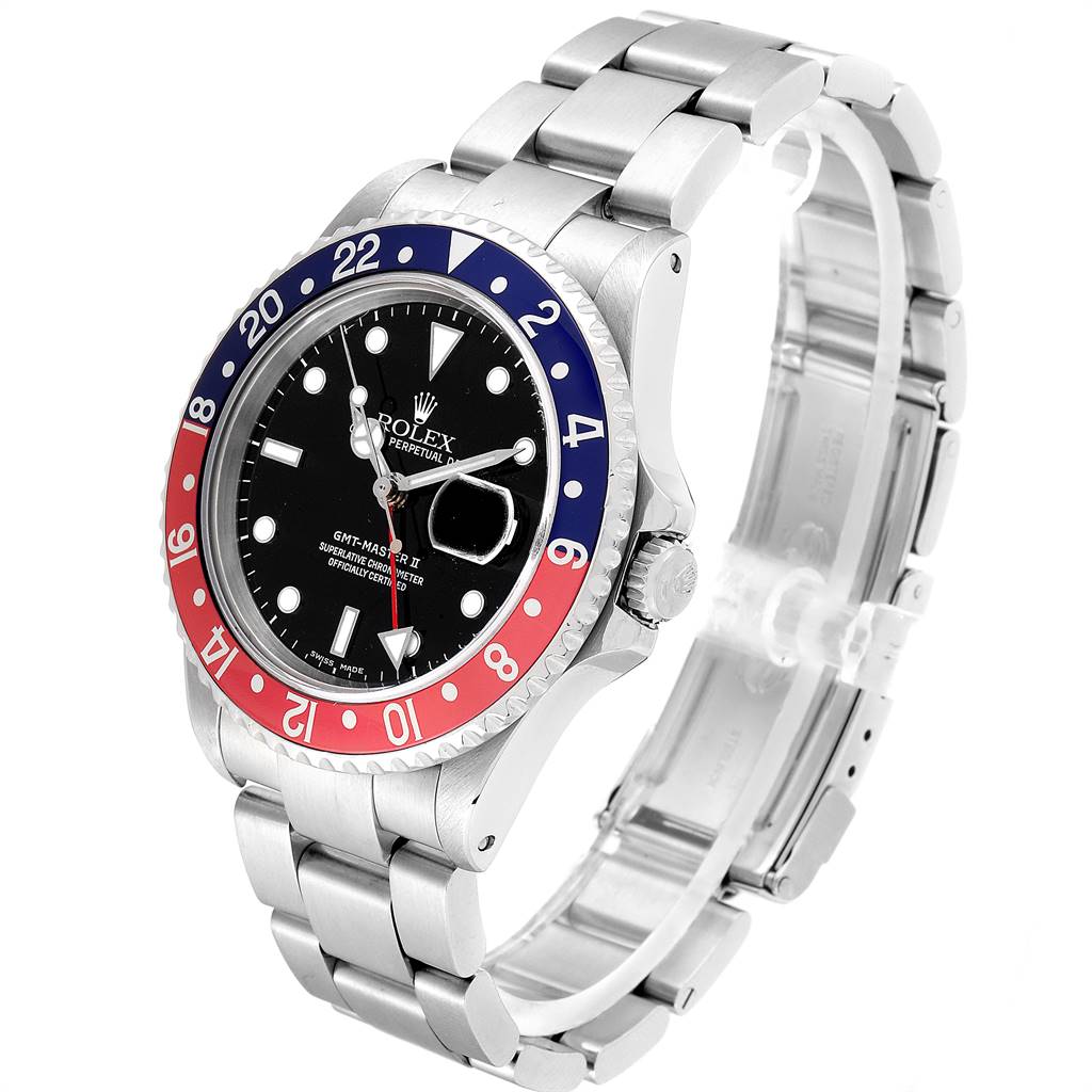 This image shows a Rolex GMT-Master 16710 Men's Stainless Steel Black Dial 16710 Men's Stainless Steel Black Dial II watch from a three-quarter angle, highlighting its bezel, dial, and bracelet.