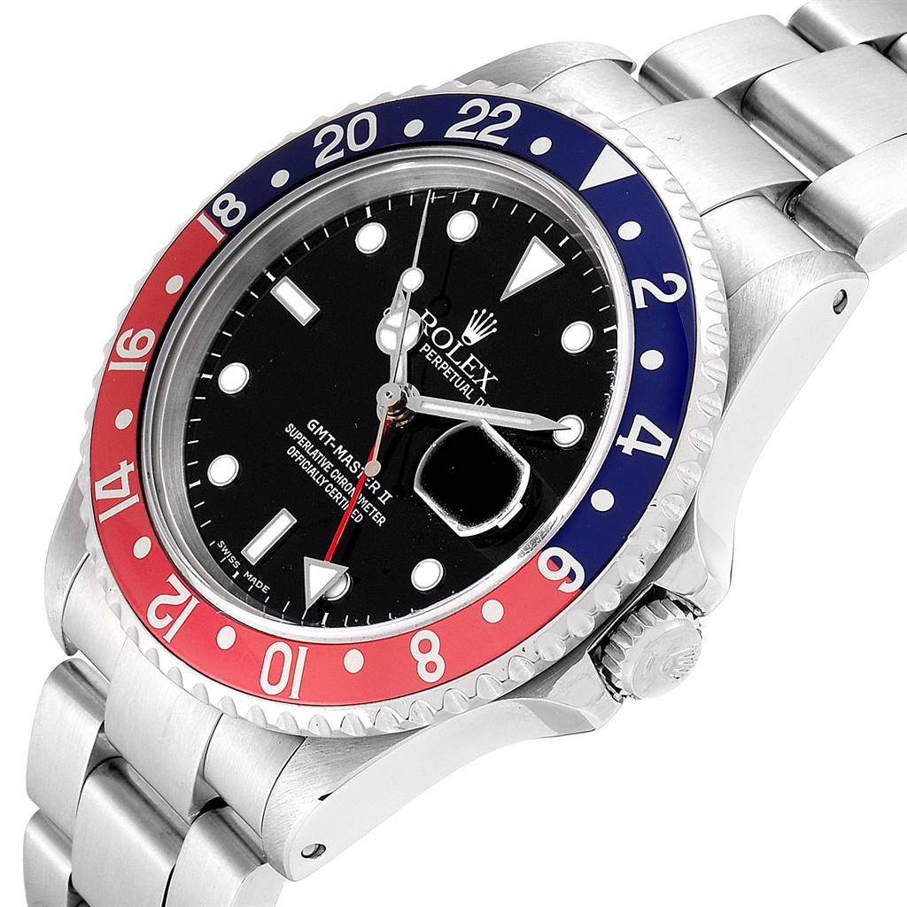 This image shows the face, bezel, and bracelet of a Rolex GMT-Master 16710 Men's Stainless Steel Black Dial 16710 Men's Stainless Steel Black Dial watch at a slight angle.