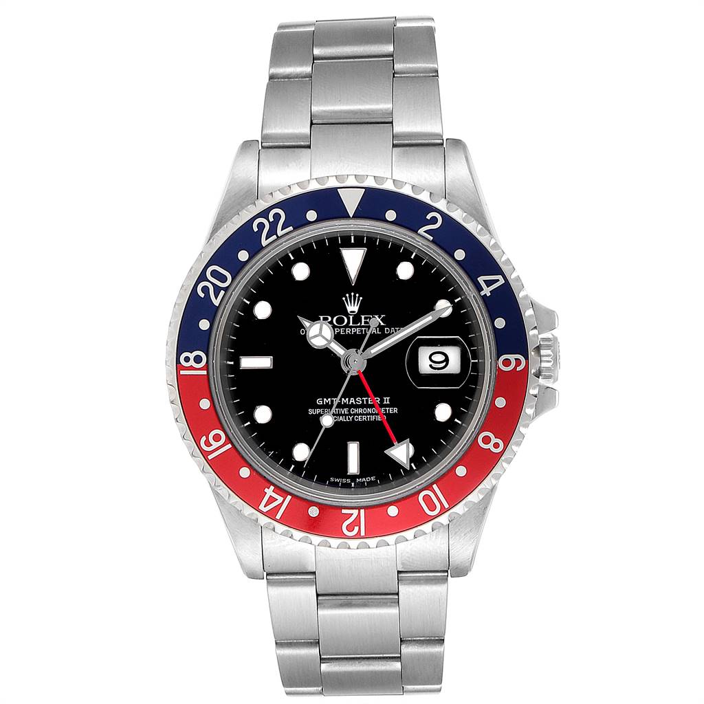 The Rolex GMT-Master 16710 Men's Stainless Steel Black Dial 16710 Men's Stainless Steel Black Dial II is shown from the front, displaying its bezel, dial, hands, bracelet, and date window.