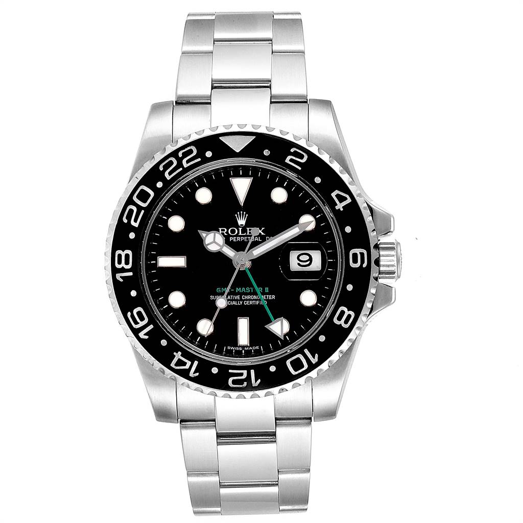 This image shows a front view of a Rolex GMT-Master 116710 Men's Stainless Steel Black Dial 116710 Men's Stainless Steel Black Dial watch displaying its face, bezel, and bracelet.