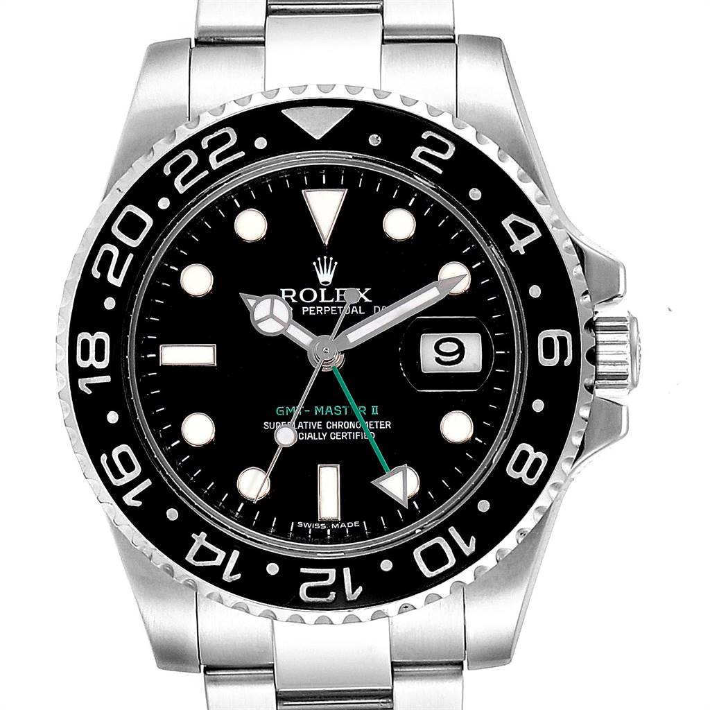 The image shows a front view of the Rolex GMT-Master 116710 Men's Stainless Steel Black Dial 116710 Men's Stainless Steel Black Dial II watch, highlighting its face, bezel, and bracelet.
