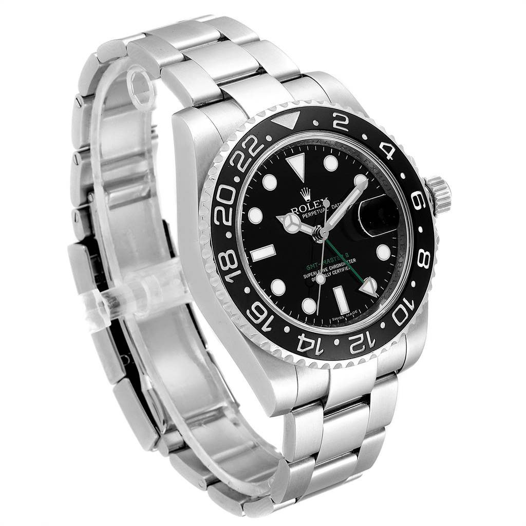 The image shows a front three-quarter angle view of a Rolex GMT-Master 116710 Men's Stainless Steel Black Dial 116710 Men's Stainless Steel Black Dial watch, highlighting its dial, bezel, and bracelet.