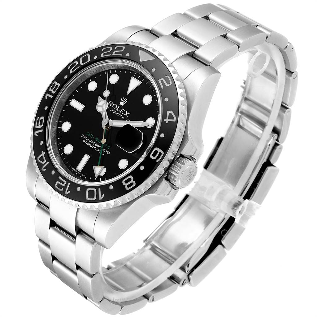 This image shows a Rolex GMT-Master 116710 Men's Stainless Steel Black Dial 116710 Men's Stainless Steel Black Dial watch from an angled side view, highlighting the bezel, dial, crown, and bracelet.