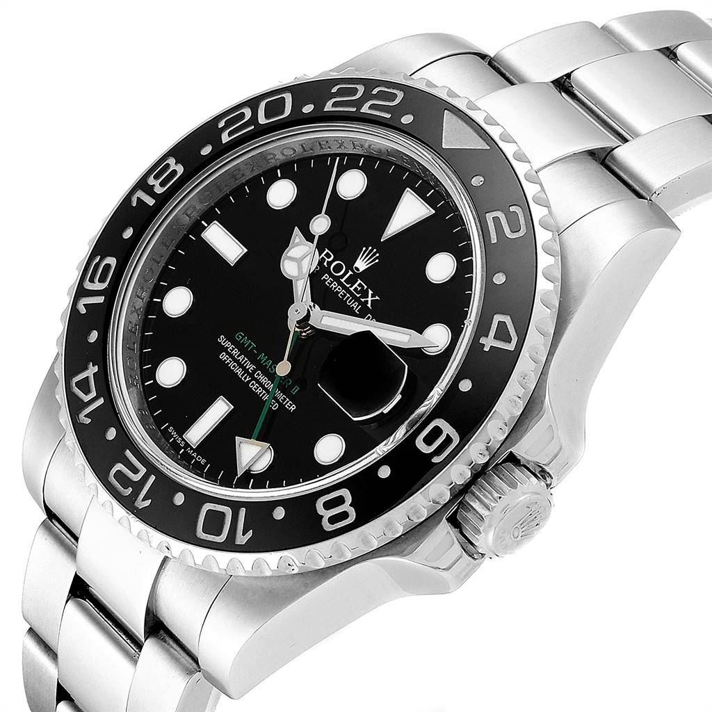 This image shows a Rolex GMT-Master 116710 Men's Stainless Steel Black Dial 116710 Men's Stainless Steel Black Dial watch from a slight side angle, featuring the face, bezel, and part of the bracelet.