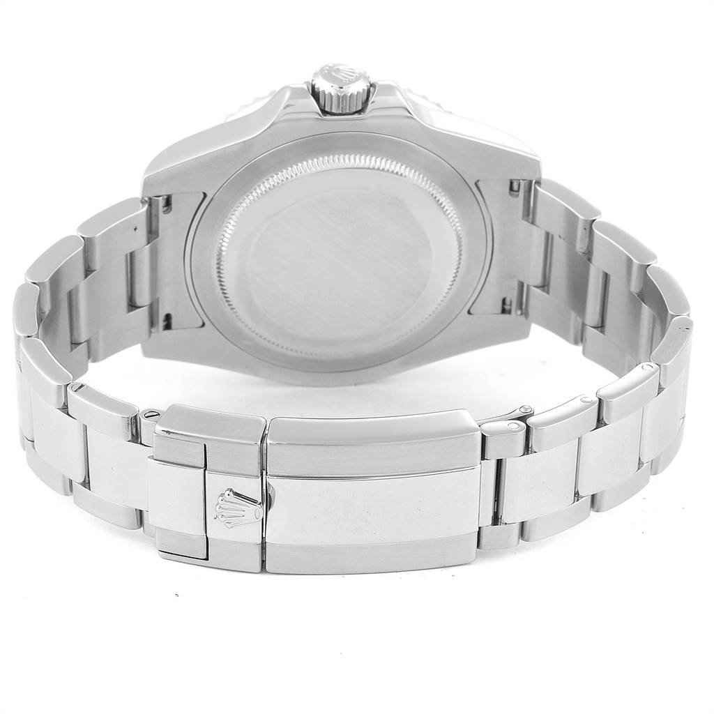 This image shows the back case and metal bracelet of a Rolex GMT-Master 116710 Men's Stainless Steel Black Dial 116710 Men's Stainless Steel Black Dial watch.