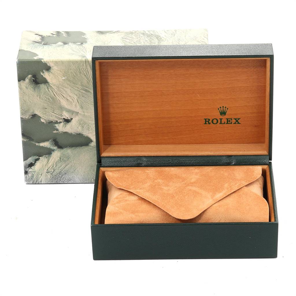 The image shows an open Rolex GMT-Master 16710 Men's Stainless Steel Black Dial 16710 Men's Stainless Steel Black Dial watch box with a suede pouch inside, captured from the front angle.